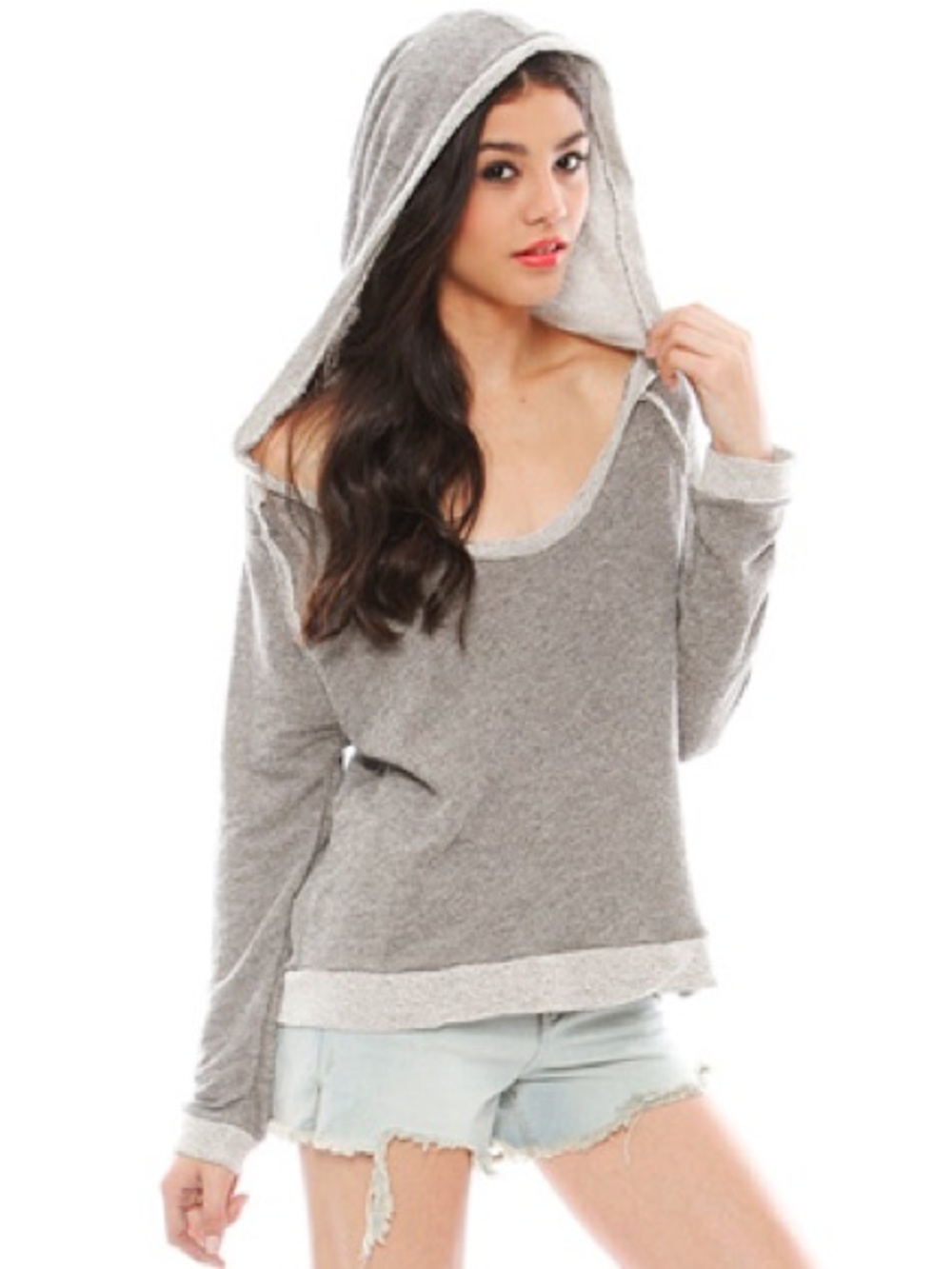 Free People Heather Gray Off-Shoulder Hooded Pullover